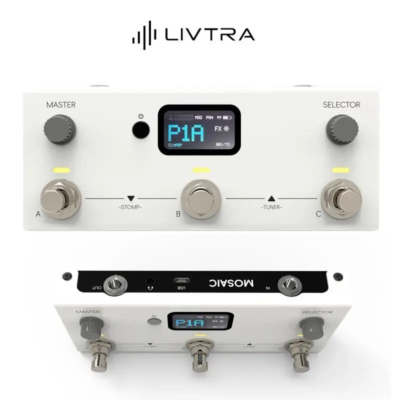 LIVTRA MOSAIC 3-Switch Multi-Effects Pedal Lightweight 395g, 75 Presets, IR/NAM Support, USB-C Audio, for Guitar/Bass Practice