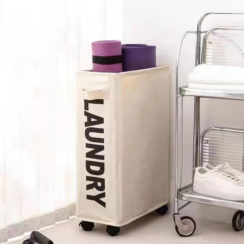 Rolling Slim Storage Basket with Stand Foldable Waterproof Sorter and Organizer on Wheels Tall Thin Dirty Laundry Hamper Basket