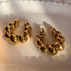 Vintage Punk Gold Plated Large Round Beaded Chunky Hoop Earrings for Women Lightweight Stainless Steel Hoops Statement Jewelry