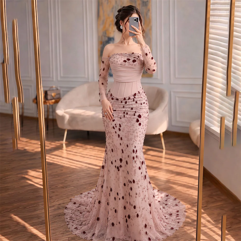 ROSES Pink Evening Dress Boat Neck Long Sleeve Prom Dresses with Crystal Wrap Hips Party Dress Gala Dress for Women Customized