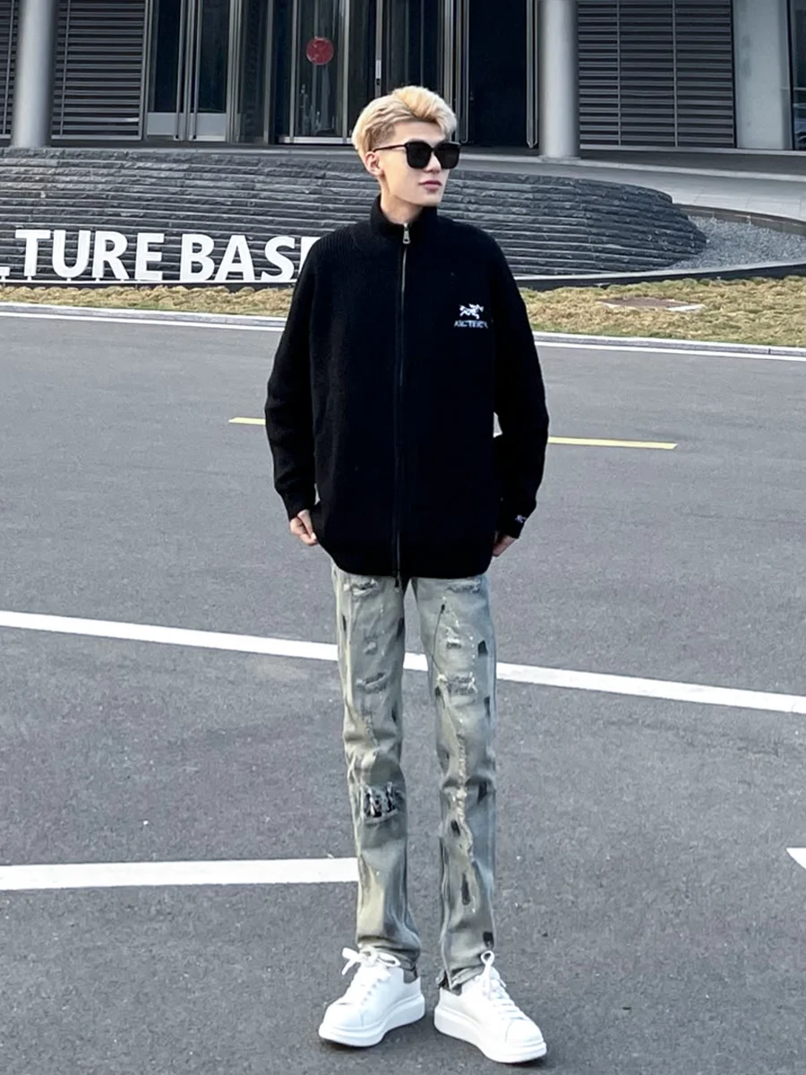 

American High Street Men's Jeans Hollow out Waed Slim Fit Hip Hop Long Pants Casual Straight Leg Trousers for Youth