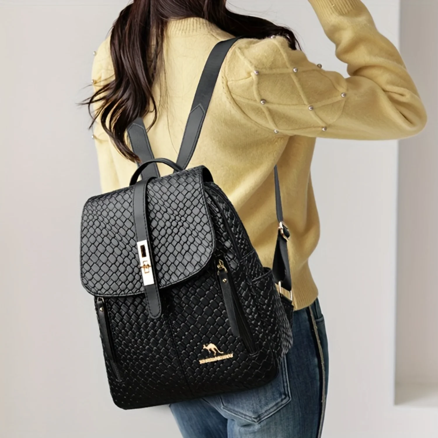 Woven Flap Backpack, Simple Vegan Leather Knapsack, Versatile Daypack Schoolbag For Work, Travel