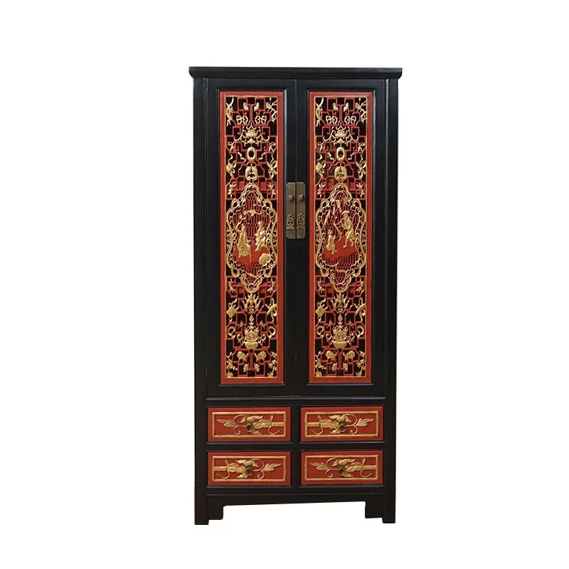 Imitation classical furniture solid wood carving flower living room cabinet, old retro entrance cabinet, foyer cabinet display