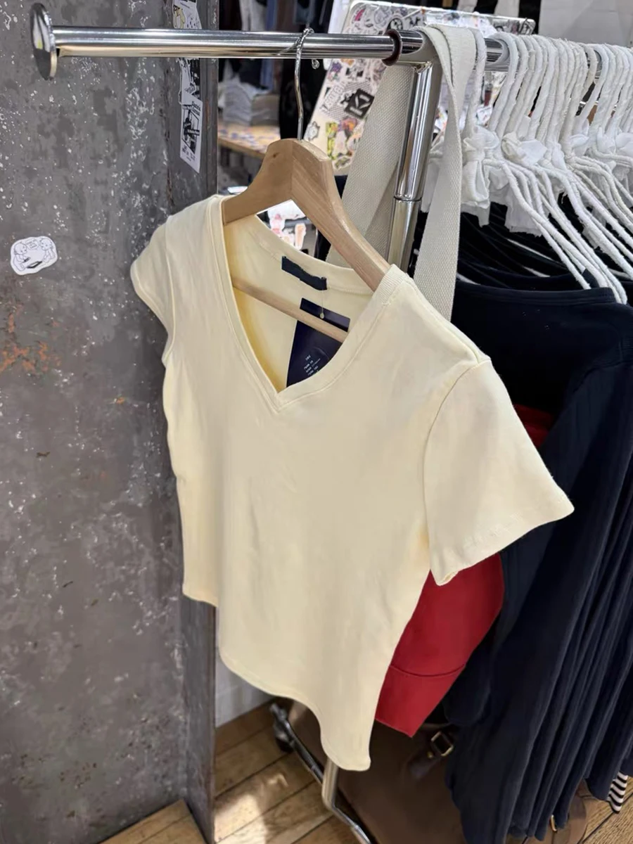 

Sweet Basic Yellow Slim T-shirt Summer All-match V-neck Cotton Short Sleeve Tees Women Cute Preppy Style Simple Tshirts New Tops