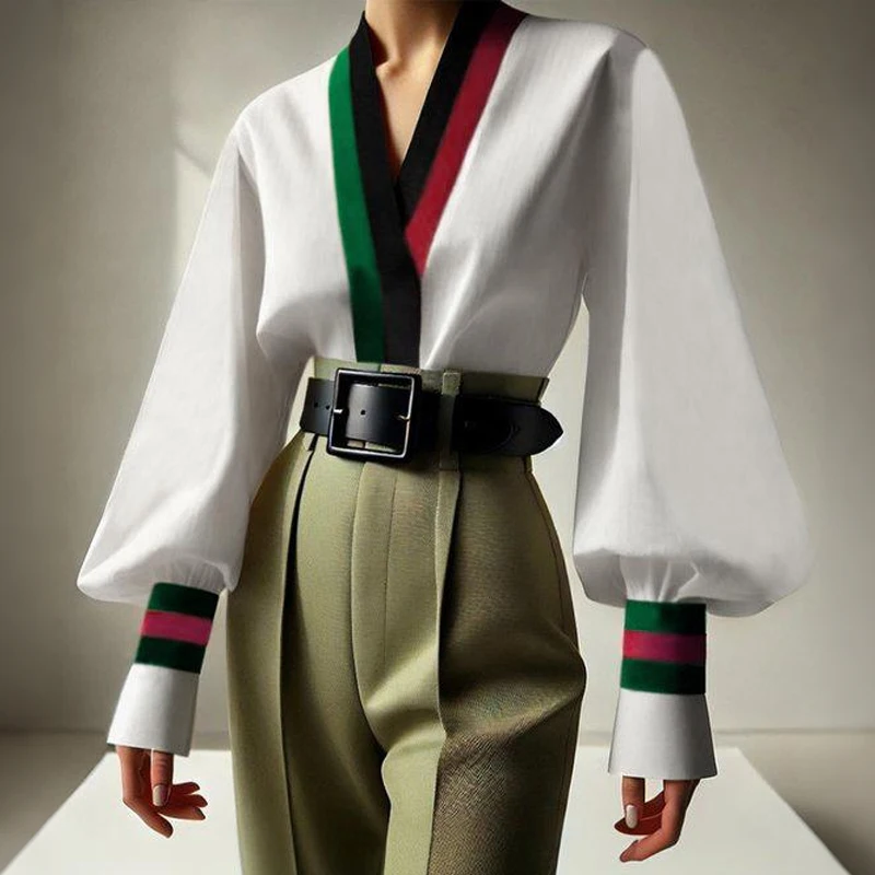 

Women's Spring Summer V-neck Pleated Blouses Shirts 2026 New Long Sleeves Contrast Color Office Business Work Elegant Lady Tops