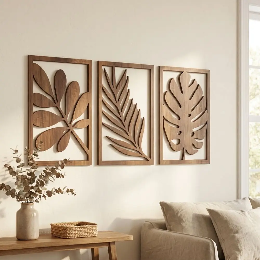 3Pcs Rustic Wooden Tropical Leaves Wall Sign Farmhouse Artistic Monstera Wall Panel Set Cutout Leaf Nature Inspired