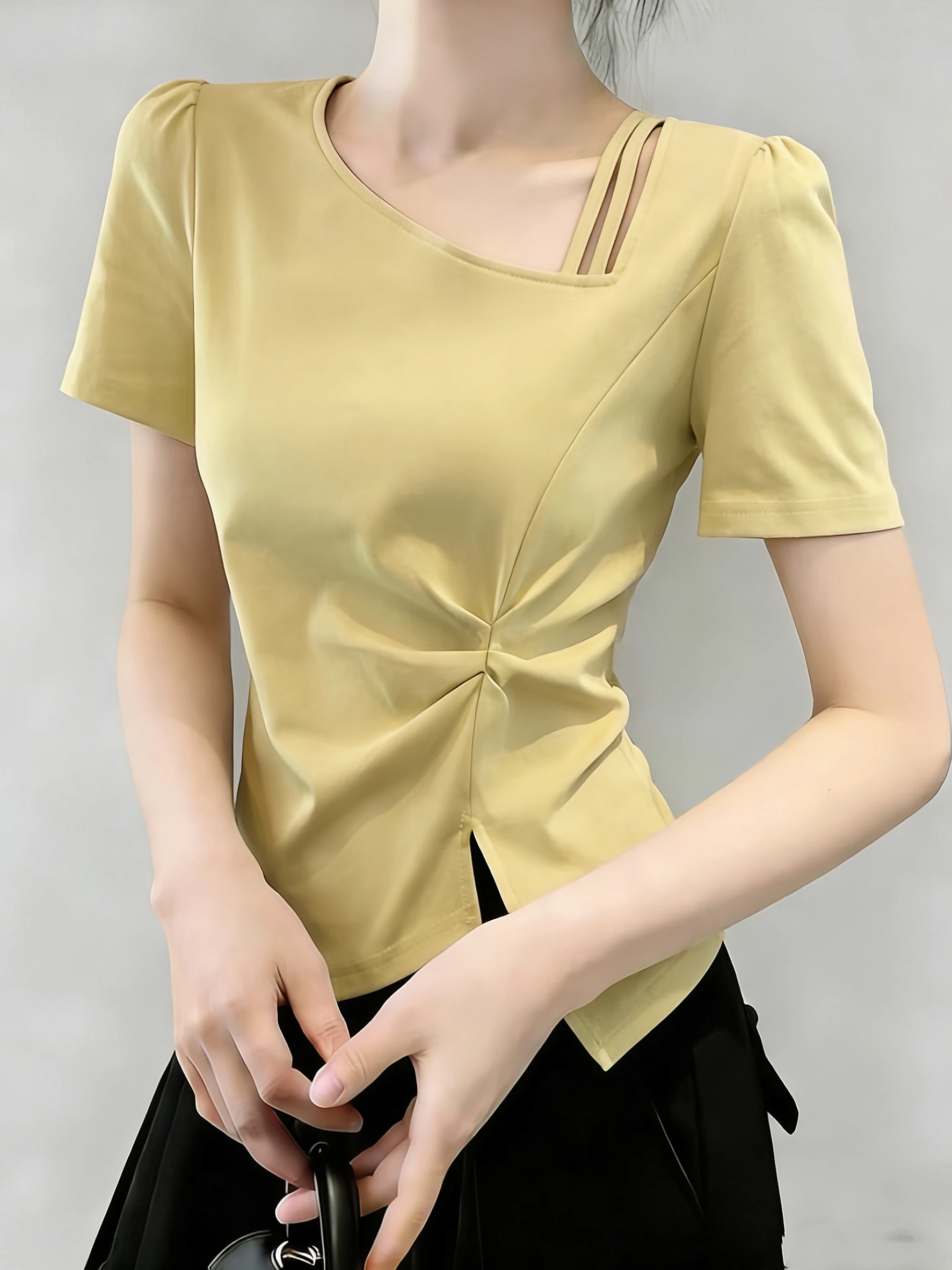 

Light Blue Short Sleeve T-Shirt Women plus Size Flattering Waist Cut out Irregular Top Korean Style Commute Fashion Summer New