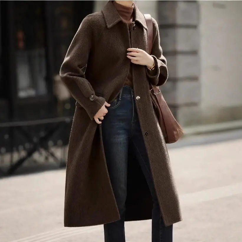 

Women's Faionable Street Sle Long Slim Fit Woolen Coat Autumn Winter New Arrival Casual Belted Coat Ladies Outerwear