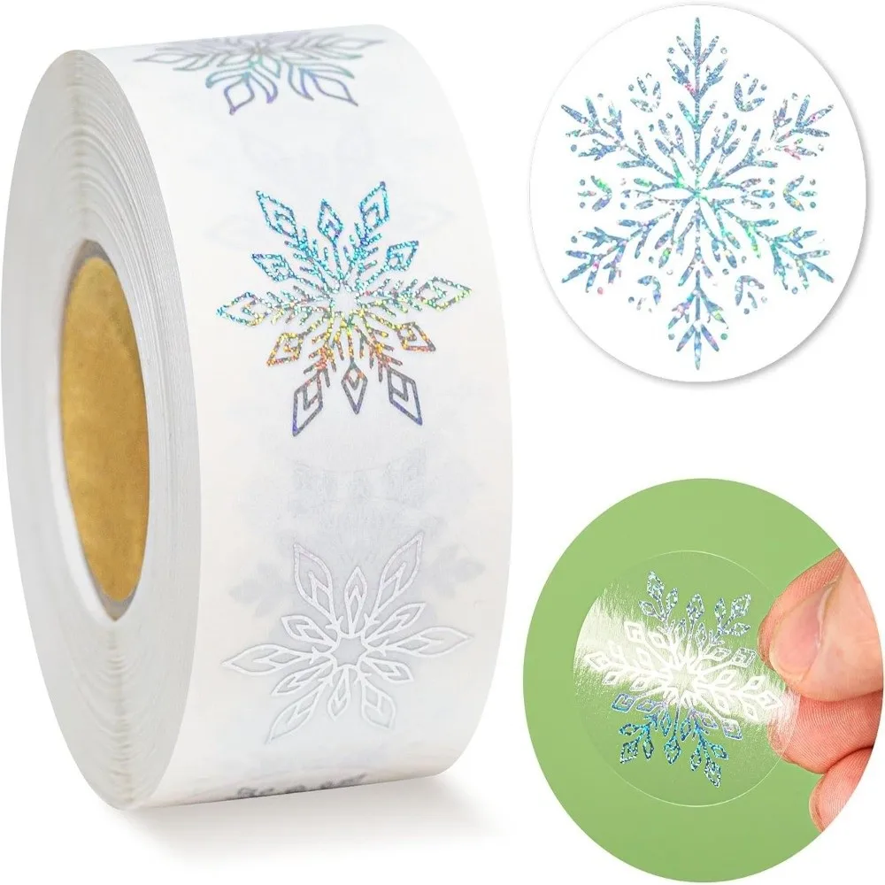High Quality 500pcs Transparent Snowflakes Sealing Labels Gold Foil Holographic Christmas Stickers Silver Foil Self Adhesive