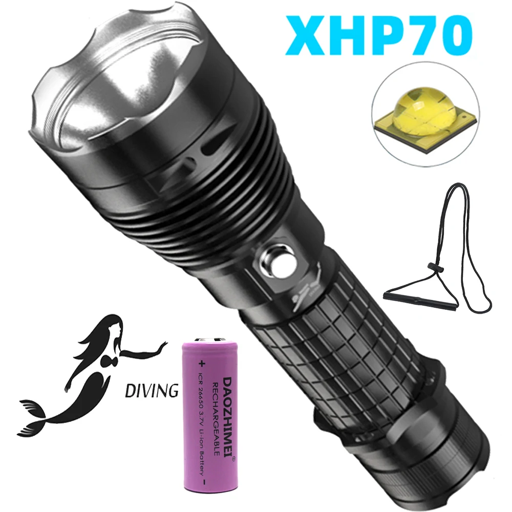 

Super Bright High Power Diving Flashlight IPX8 Highest Waterproof Rating Professional Diving Light Powered by 26650 Battery