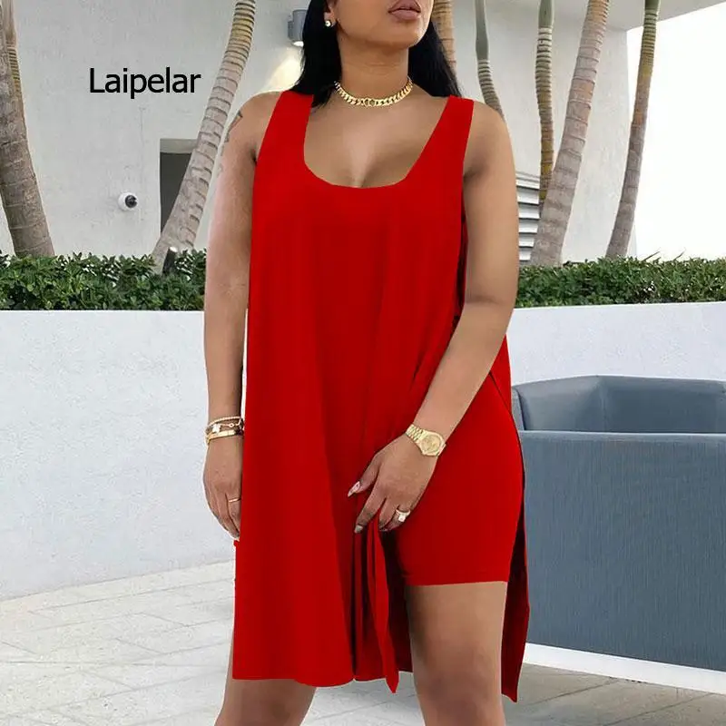 

Summer Women Casual Soft Home Wear Two Piece Oversize Sleeveless High Slit Long Tank Top & Skinny Shorts Set