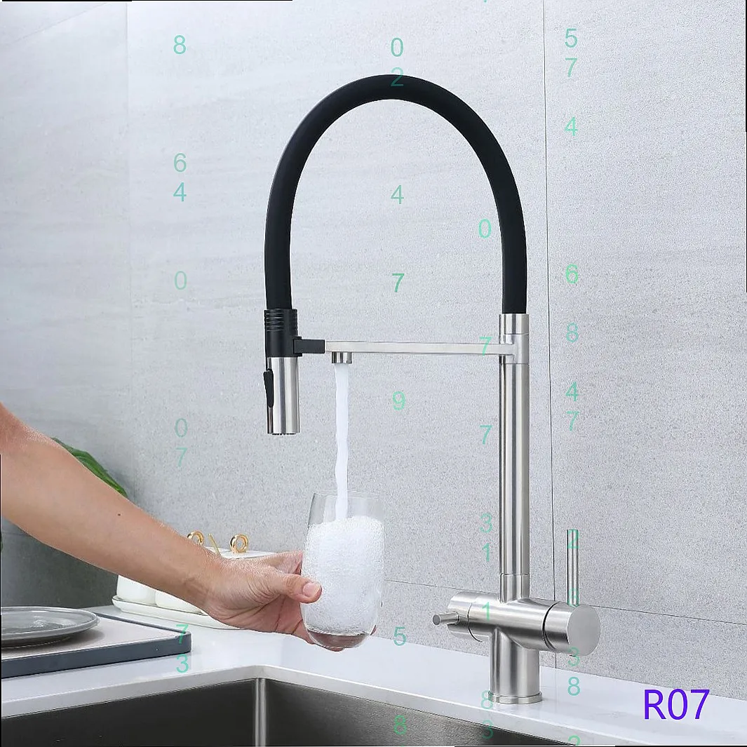 Magnetic 3-in-1 Kitchen Water Filter Faucet Brushed Nickel Pull-Down Cold Hot Drinking Water