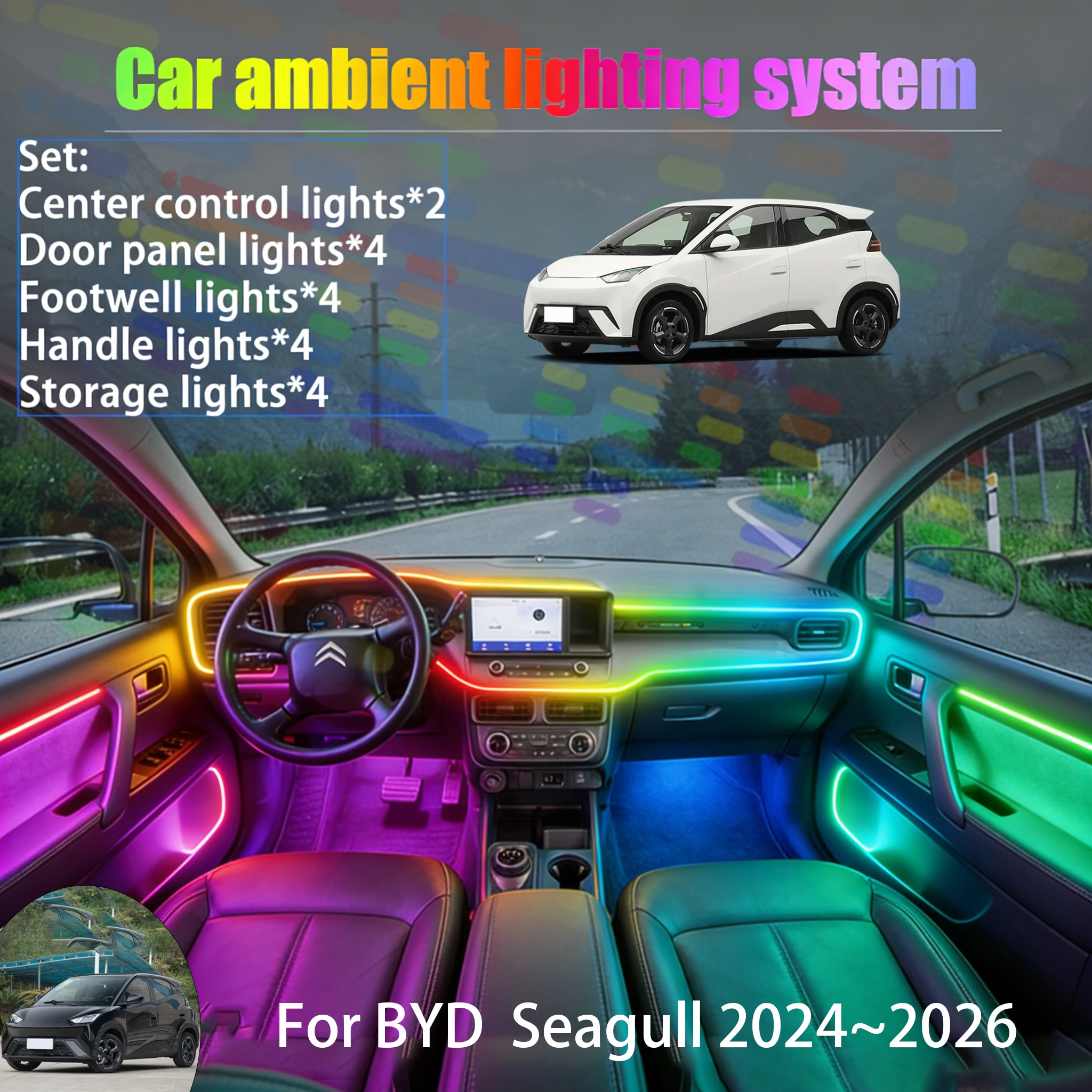 

For BYD Seagull 2024~2026 EQ 2/18 in 1 Car ambient lighting Led trunk interior led lights USB RGB Ensemble Streamer Auto Parts