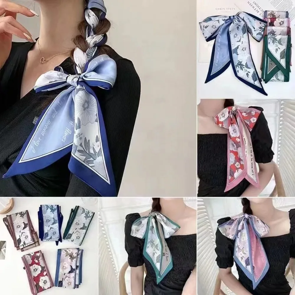 

Elagant Floral Silk Satin Scarf Narrow Thin Long Tied Hairband Bag Decoration Neckerchief Vacation Headscarf