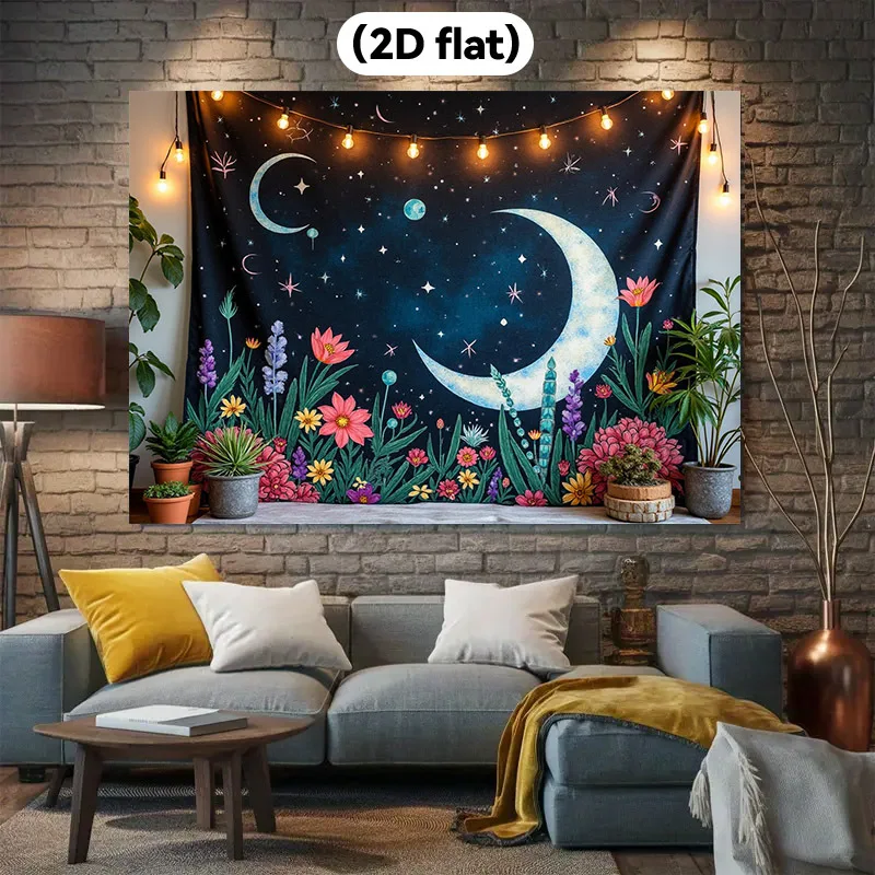 Tapiz plano 2D, 1 pieza de luna galáctica y flores - Poliéster de estilo bohemio para decoración de fiestas con cielo estrellado
