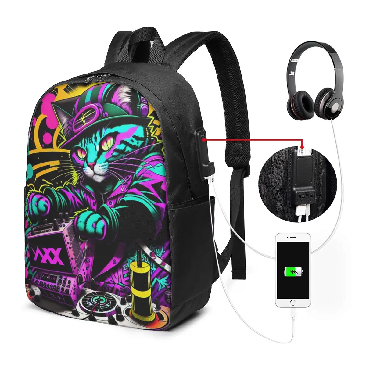 Cat Colorful Graffiti DJ Backpack Travel Notebook Bag Computer College Student School Bag Laptop Shoulder Bags for Men Women