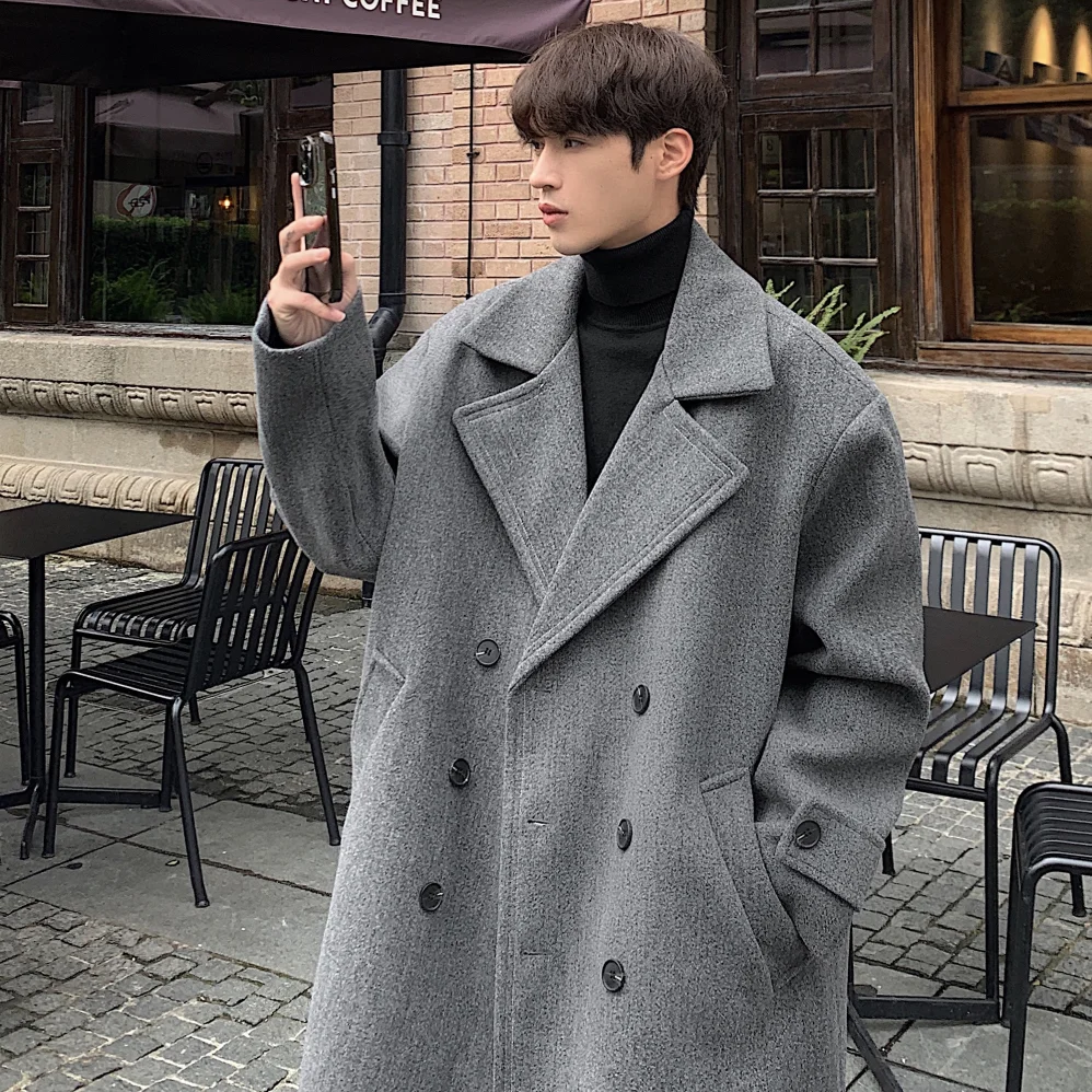 

Winter High Quality Woolen Trench Coats Men Korean Style Luxury Male Casual Trenchcoat Men's Streetwear Gray/Khaki/Black