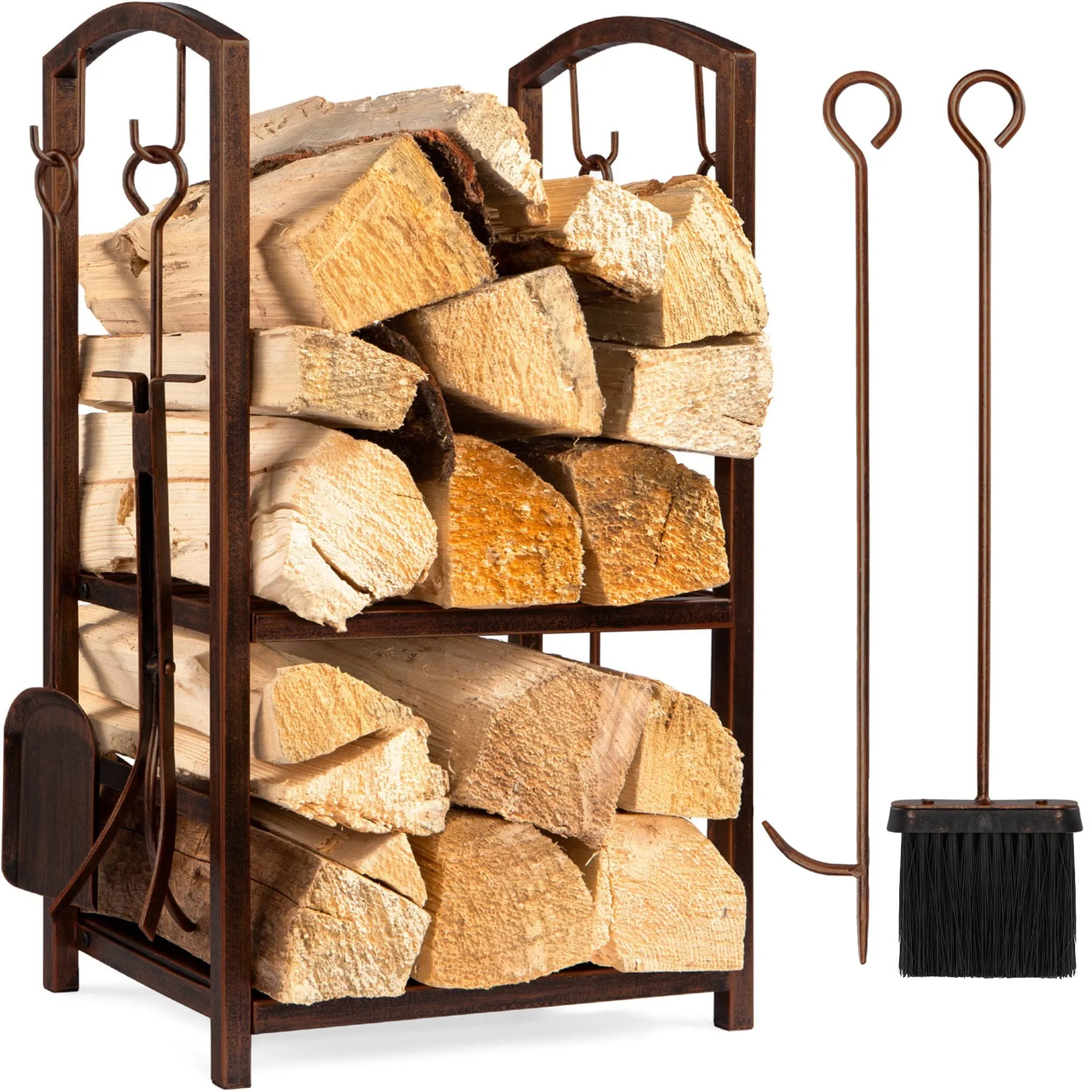 5-Piece Wrought Iron Firewood Rack & Fireplace Tools Set | Indoor Outdoor Fire Pit Kit with Hook, Broom, Shovel, Tongs