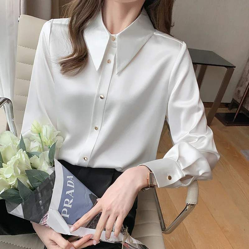 

Women Shirts Satin Blouses Women Long Sleeve Shirts Tops Woman Silk Shirt Tops Peter Pan Collar Satin Blouses SQ56