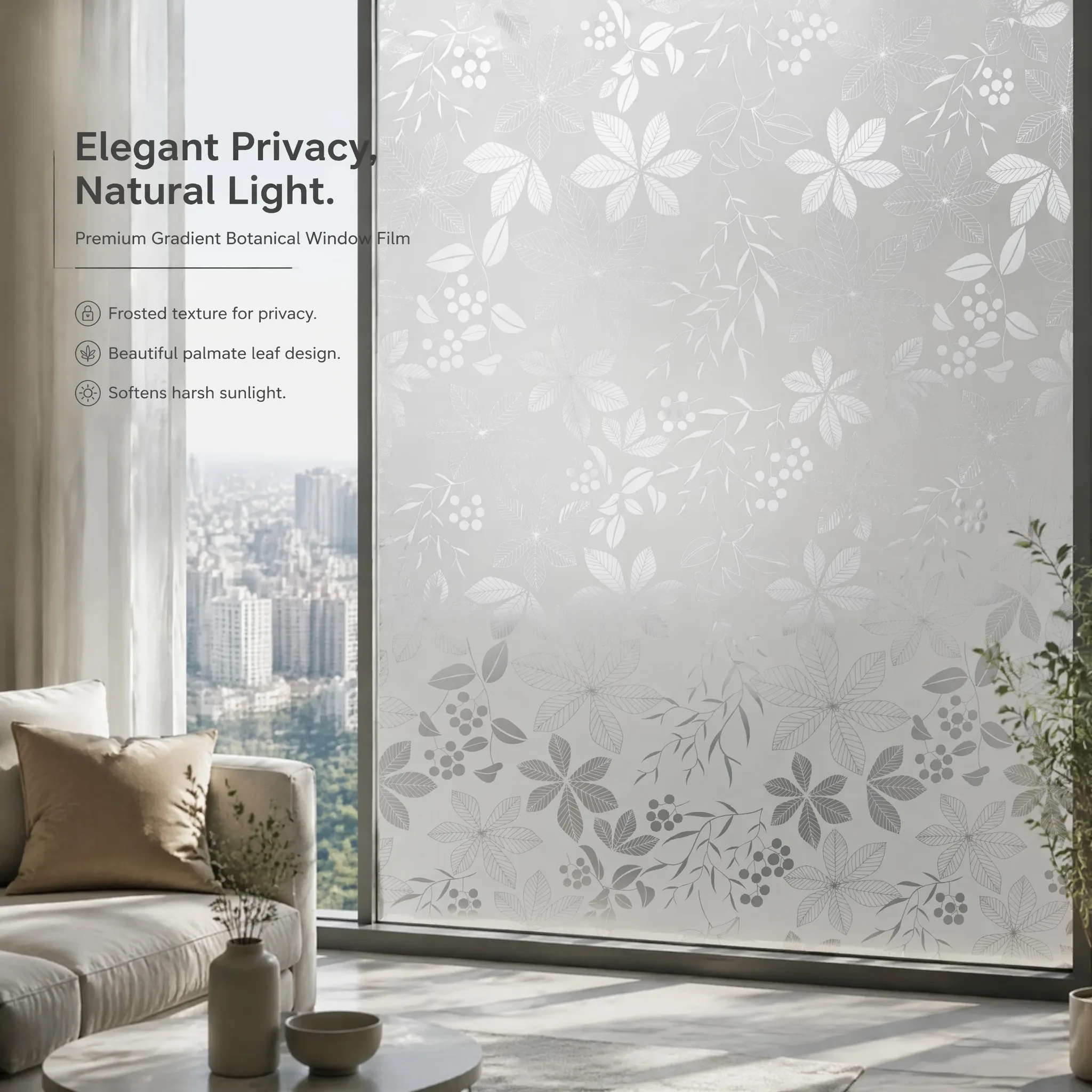 Vintage Line Leaf Plant Privacy Window Film Built-in Adhesive Easy DIY Cuttable Reusable Matte Frosted PET for Modern