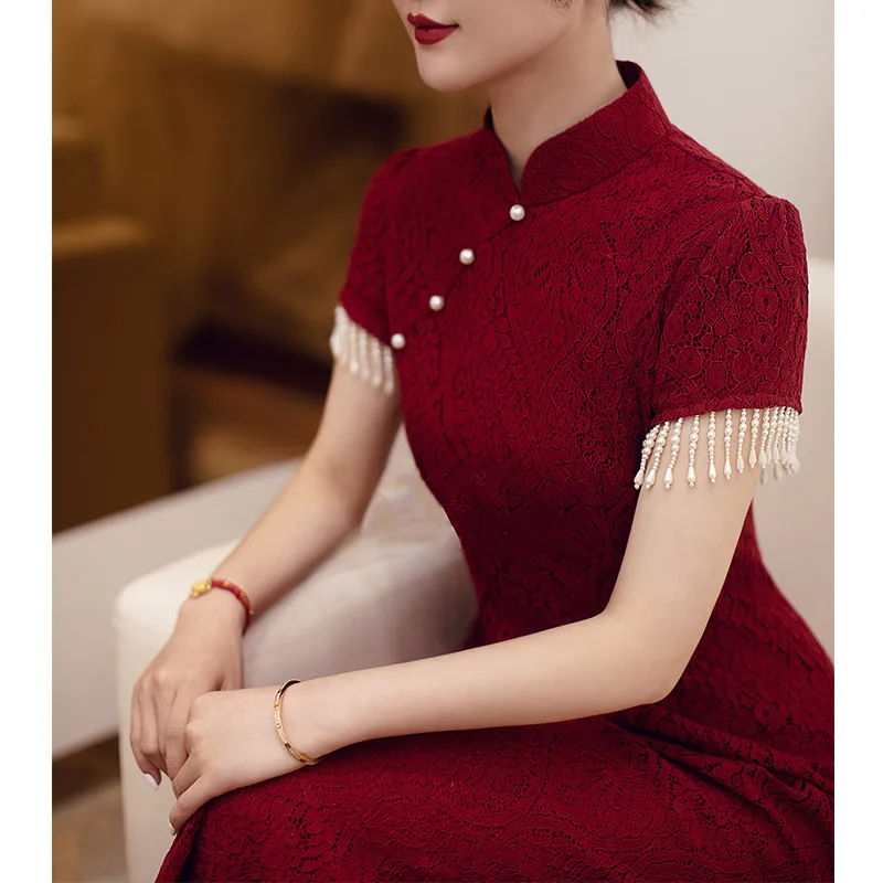 Burgundy Wedding Toast Clothes Traditional Chinese Dresses Sexy Tassel Lace Cheongsam Evening Party Gown Mandarin Collar Qipao