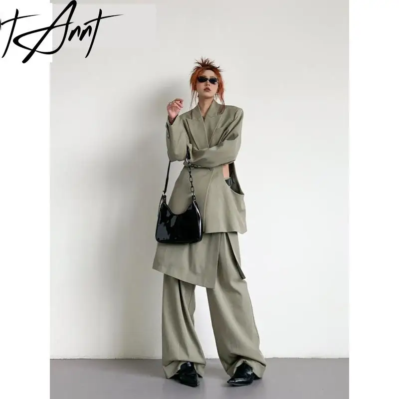 Tannt Women Pant Sets 2025 Spring Summer New Hollow Out Blazer Coat Fake Two Loose Casual Long Skirt Pants Two Pieces Sets
