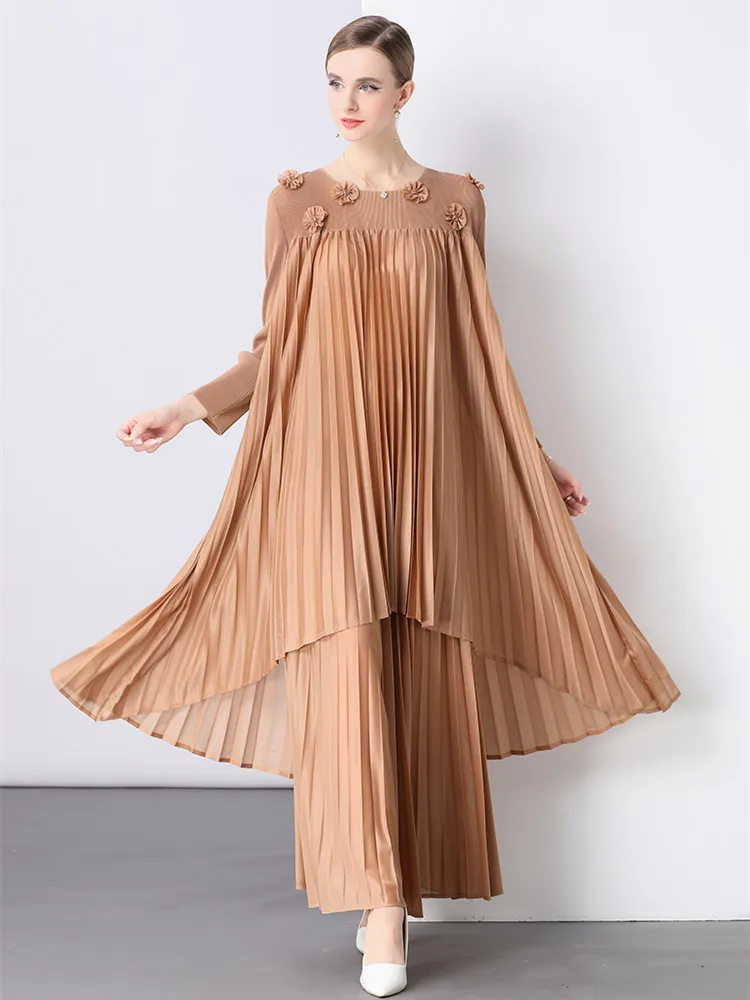 

Miyake Pleated Two Pieces Dress Set Women Elegant 3D Flower Bead Loose Blouse + Elastic Waist Wide Leg Pants 2 Piece Sets