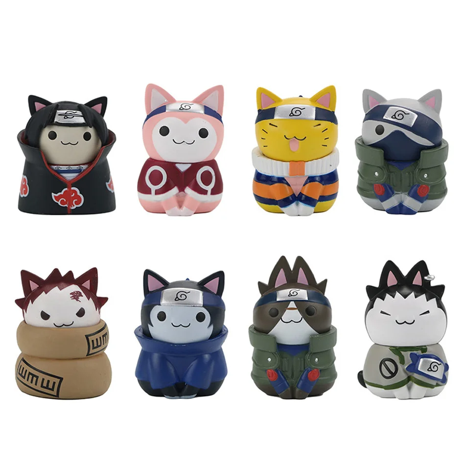 8Pcs Anime Naruto Figures Kawaii Mini Q Version Modle NARUTO Cat Action Figuras Cartoon Model Kids Gift Toys Suit Dropshipping