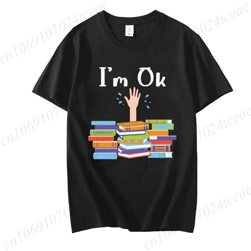 Women Funny Book Print T-shirt Girl Short Sleeve Crew Neck Casual Top for Summer & Spring, I'm Ok Bookish Reading Women Clothing