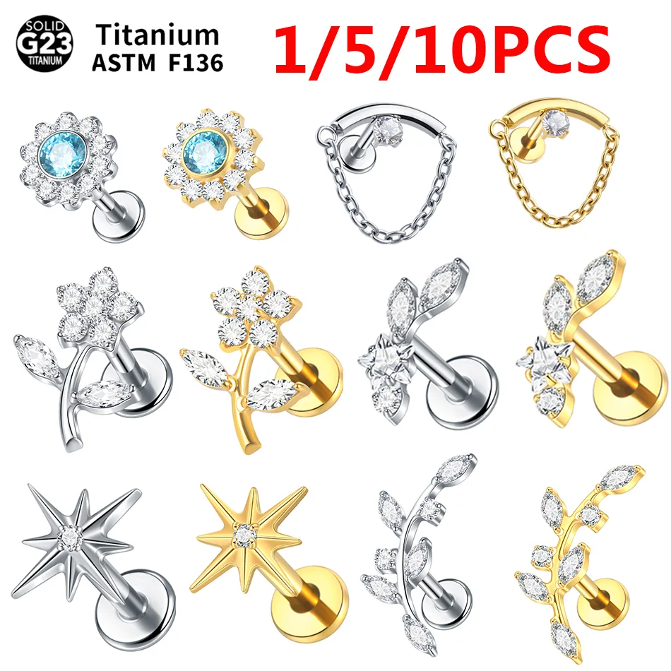 

5/10pc ASTM F136 Titanium Flower Leaf Helix Stud Earring Flat Back Zircon Tragus Cartilage Lobe Labret Piercing Jewelry 16G 8mm