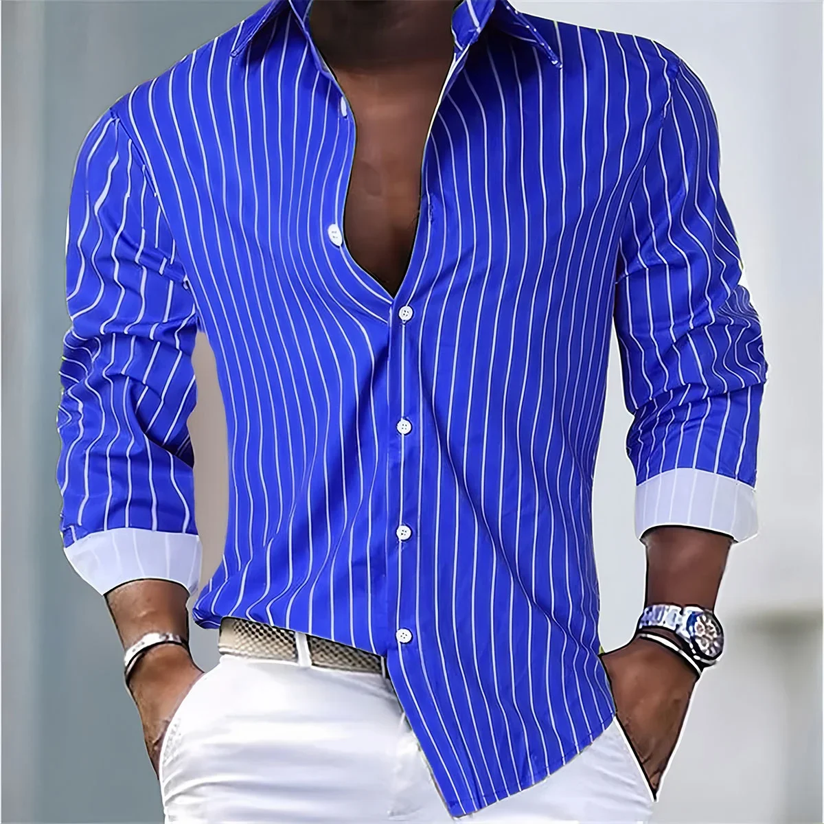 2024 Men\'s Shirts Formal Loose Men Striped Office Solid Shirts Promotion Elegant Slim Shirts Fast Shipping XS-6XL