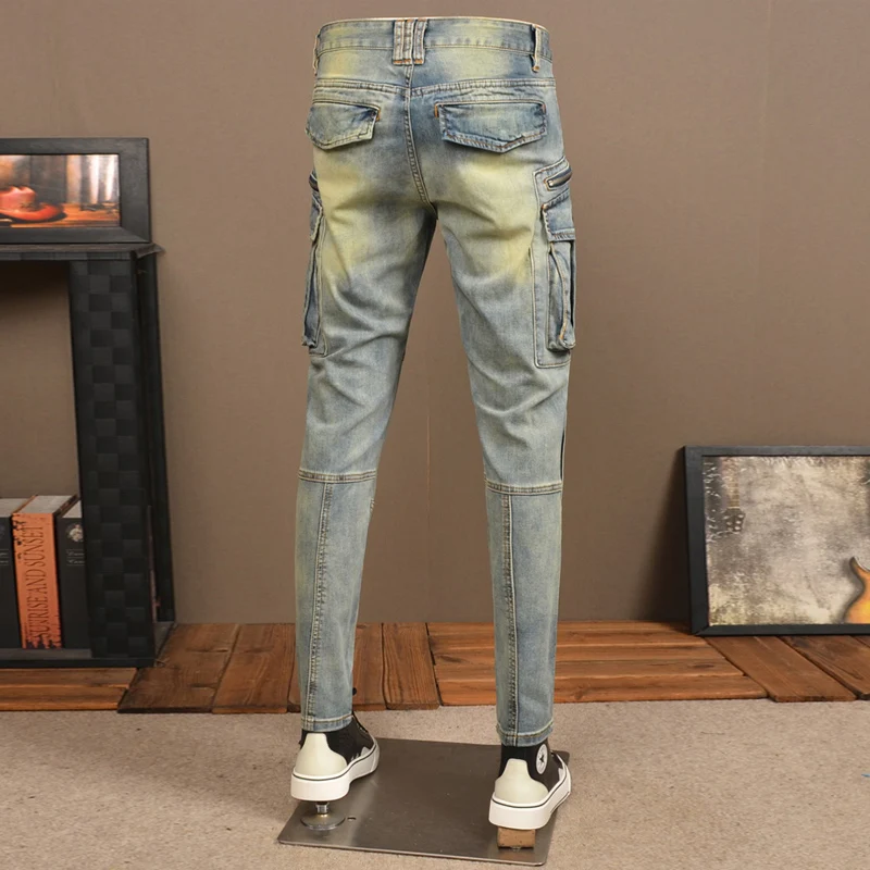 Pantalones vaqueros Retro lavados para hombre, Jeans elásticos ajustados de motorista empalmados, pantalones Cargo de mezclilla Hip Hop de diseñador de bolsillo, moda urbana, azul