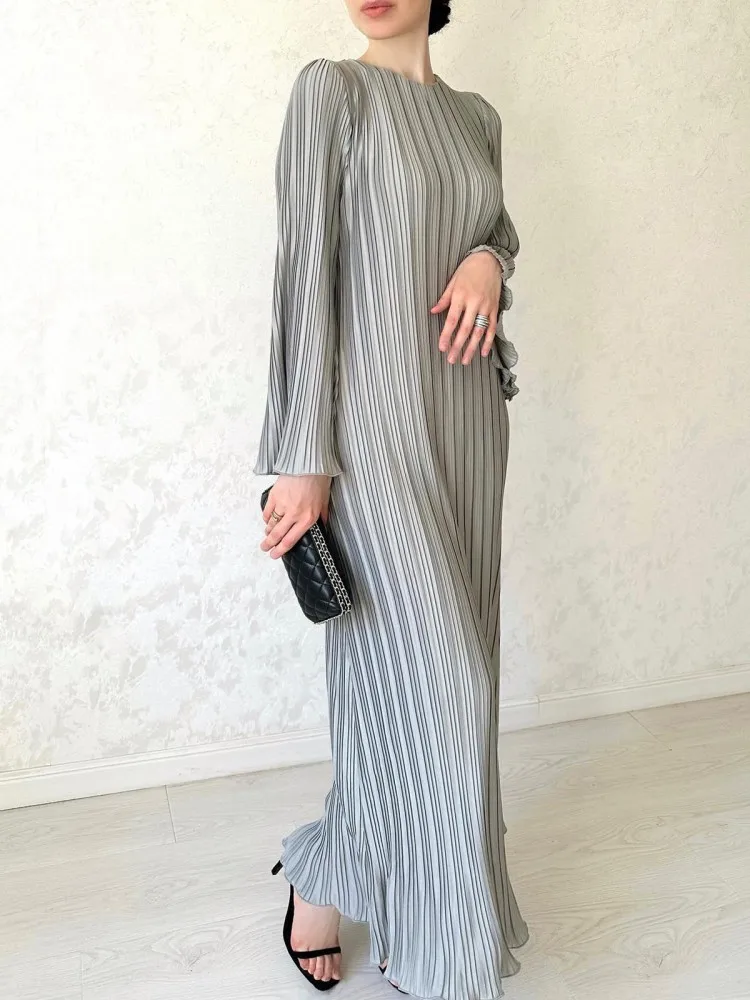 Long Flare Sleeves Maxi Dress Back Lace-Up Straps Elegant Casual 2024 Spring Autumn Winter For Women Birthday Pleated Dresses