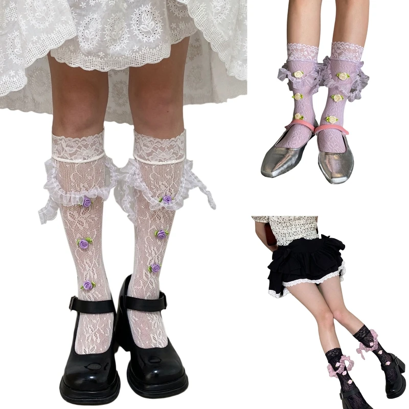 

MXMB Japanese Lace Stockings 1 Pair Flower Hollow Summer Mesh Thin Pile Socks for Teenager Girl Female Breathable Socks