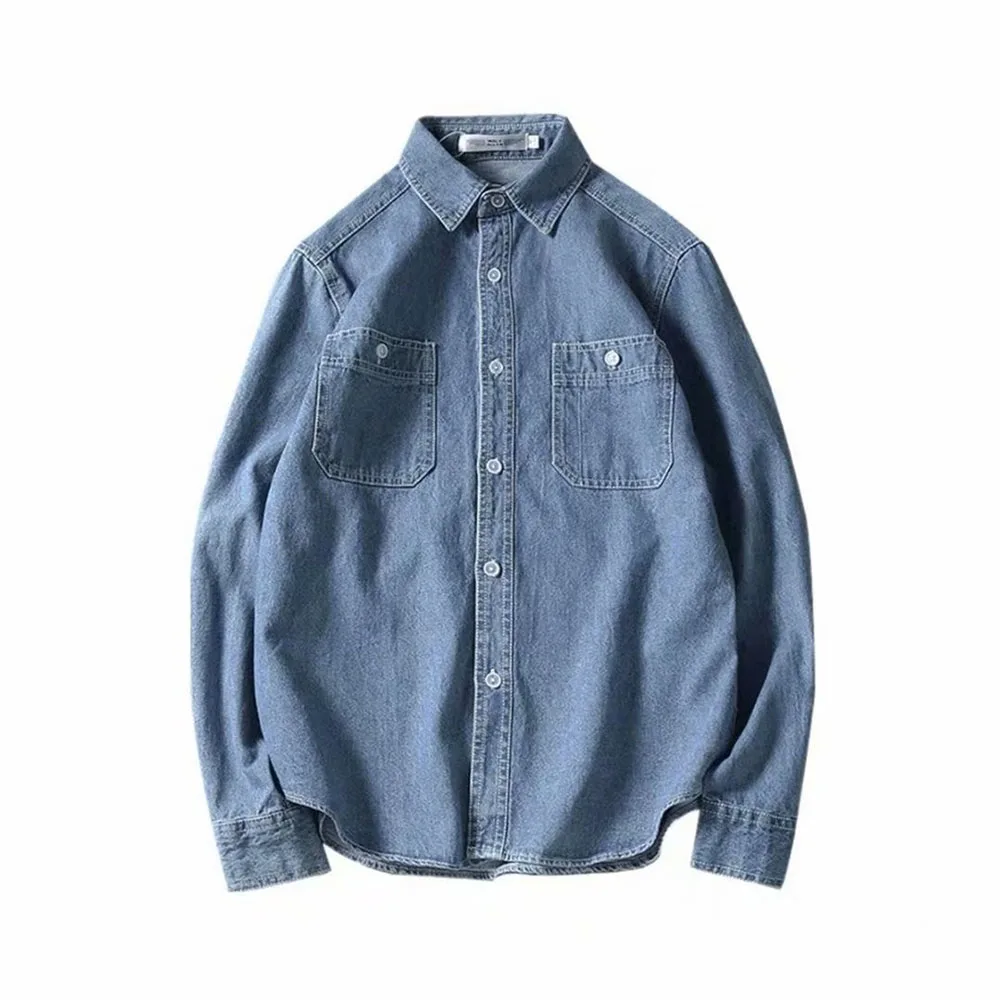 Single Breasted Men's Denim Shirts Pockets Lapel Collar Versatile Tops 2025 New Summer Bussiness Casual Shirt for Man