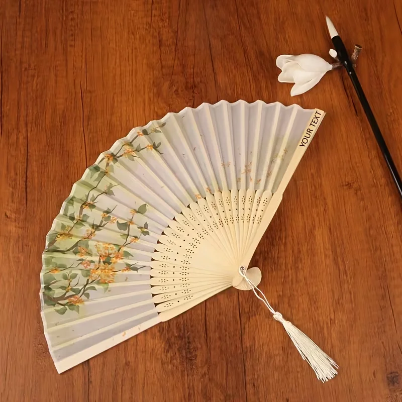 10Pcs Personalized Custom Text Floral Folding Hand Fans, Laser-Engraved with Names and Dates - Watercolor Peach Blossom and Osmanthus Prints, Natural Hollow Bamboo Frame with Tassels, Portable for Summer Cooling, Hanfu