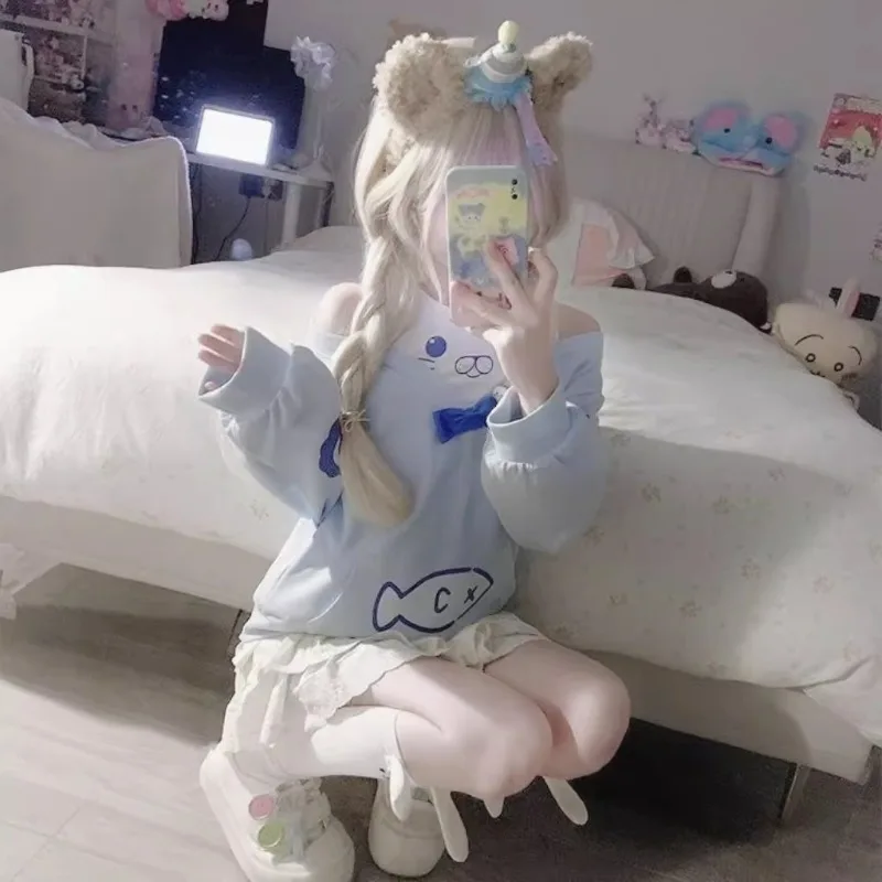 Cute Cartoon Little Seal Off-the-shoulder Fake Two Pieces Loose and Lazy Thin Long-sleeved Sweater For Women