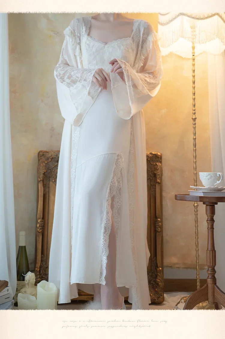 Female Long 2PCS Robe Set Court Style Princess Nightdress Bathrobe Gown Sexy Patchwork Lace Nightgown Sleepwear Satin Home Wear