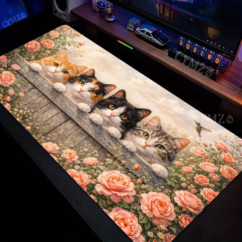 

Большой коврик для мыши с романтическим садом и милым котом, игровой коврик, нескользящий коврик для мыши, аксессуары для рабочего стола, компьютерный офисный коврик