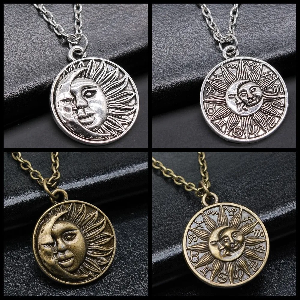 Fashion Vintage Zodiac Sun And Moon Pendant Necklace For Women Men Long Chain Necklace Creative Gift Party Jewelry Accessories