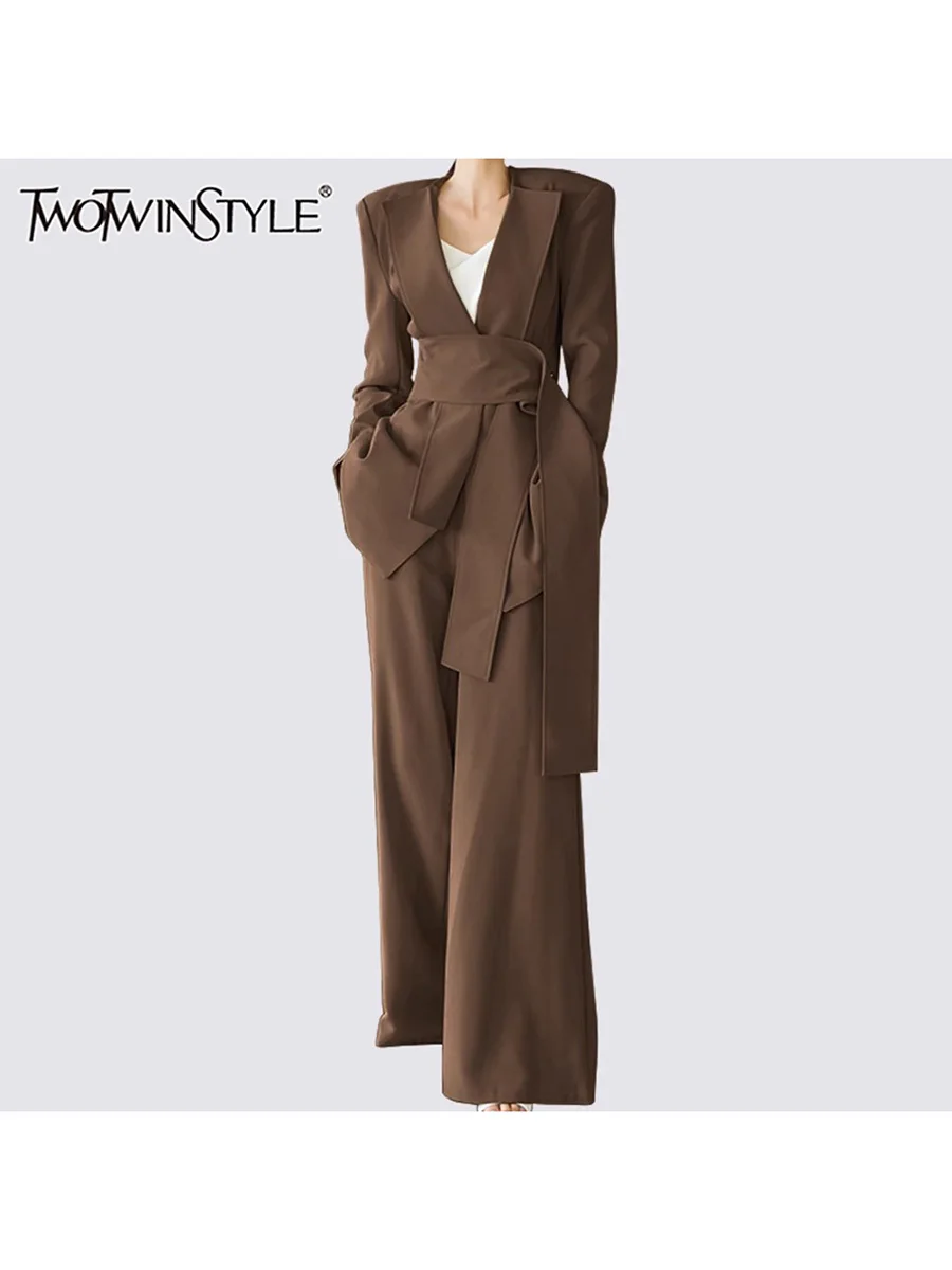 TWOTWINSTYLE Solid Two Piece Set For Women V Neck Long Sleeve Tunic Coat High Waist Wide Leg Pant Temperament Sets Female New