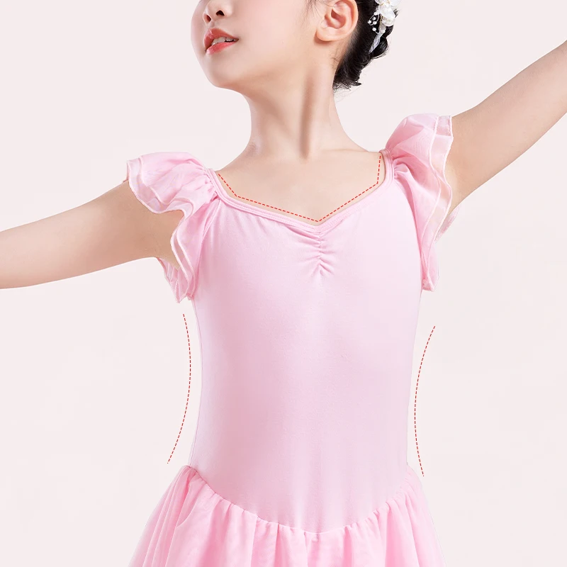 Girls Ballet Leotard with Skirt Short Sleeve Girls Cotton Dance Gymnastics Leotard Kids Ballerina Dance Dress 2 layers Sleeve