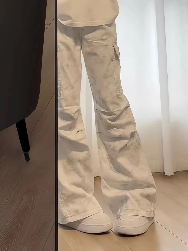 

Белые окрашенные джинсы прямого кроя для мужчин, весна-осень, в стиле американского хип-хопа, плиссированные рабочие брюки, расклешенные, с низкой посадкой, длинные джинсы