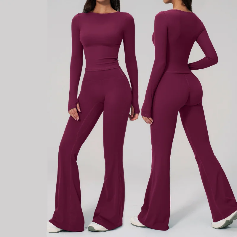 Haut de sport à manches longues pour femmes, pour activités de plein air, course à pied, fitness, avec pantalon évasé taille haute amincissant et rehausseur de fesses