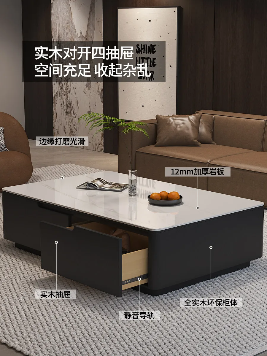 Solid wood Nordic black rock slab rectangular coffee table size apartment living room household simple modern light luxury tea t