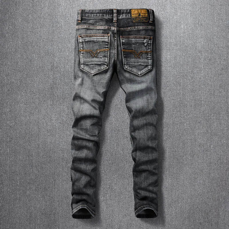 Fashion Designer Men Jeans Retro Black Gray Stretch Slim Fit Ripped Jeans Men Patched Designer Italian Style Vintage Denim Pants