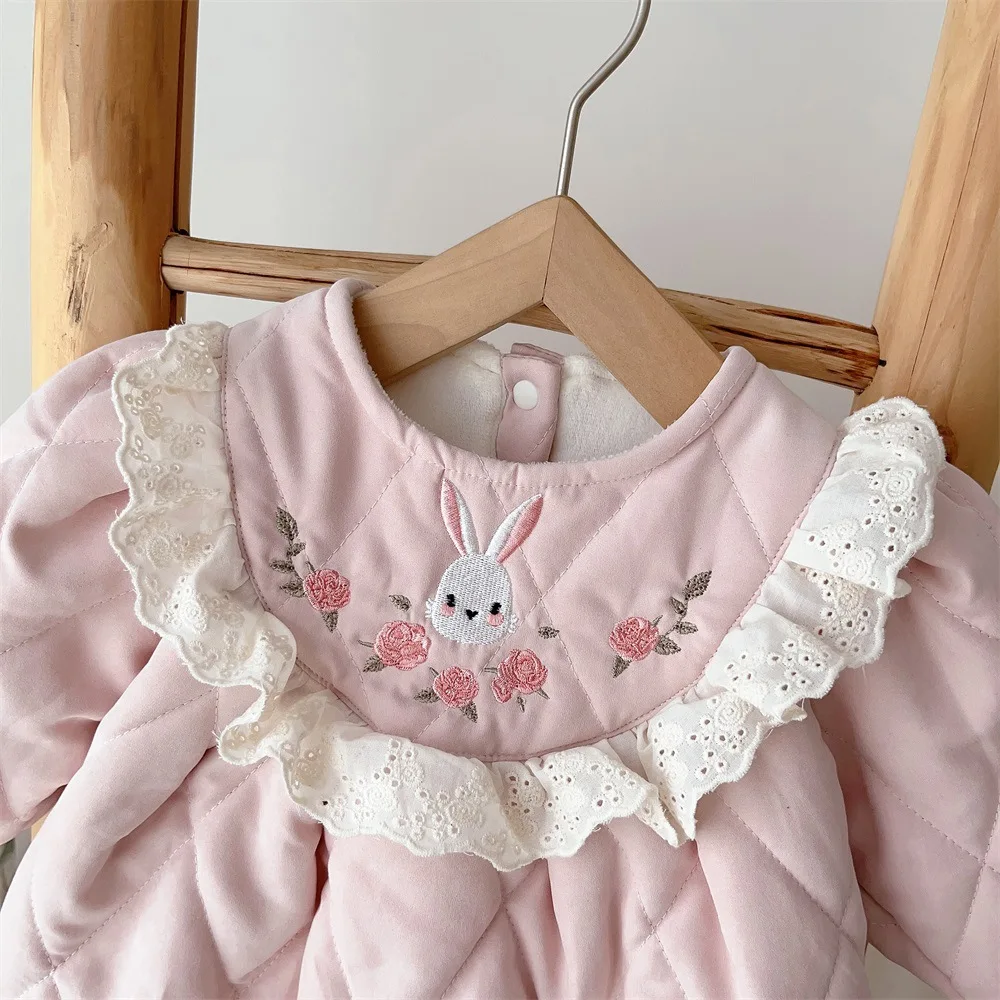 Baby Girls Romper Cute Rabbit Embroidery Ruffle Lace Warm Padded Jumpsuit For Winter Soft Velvet Infant Outfits 3-24 Months