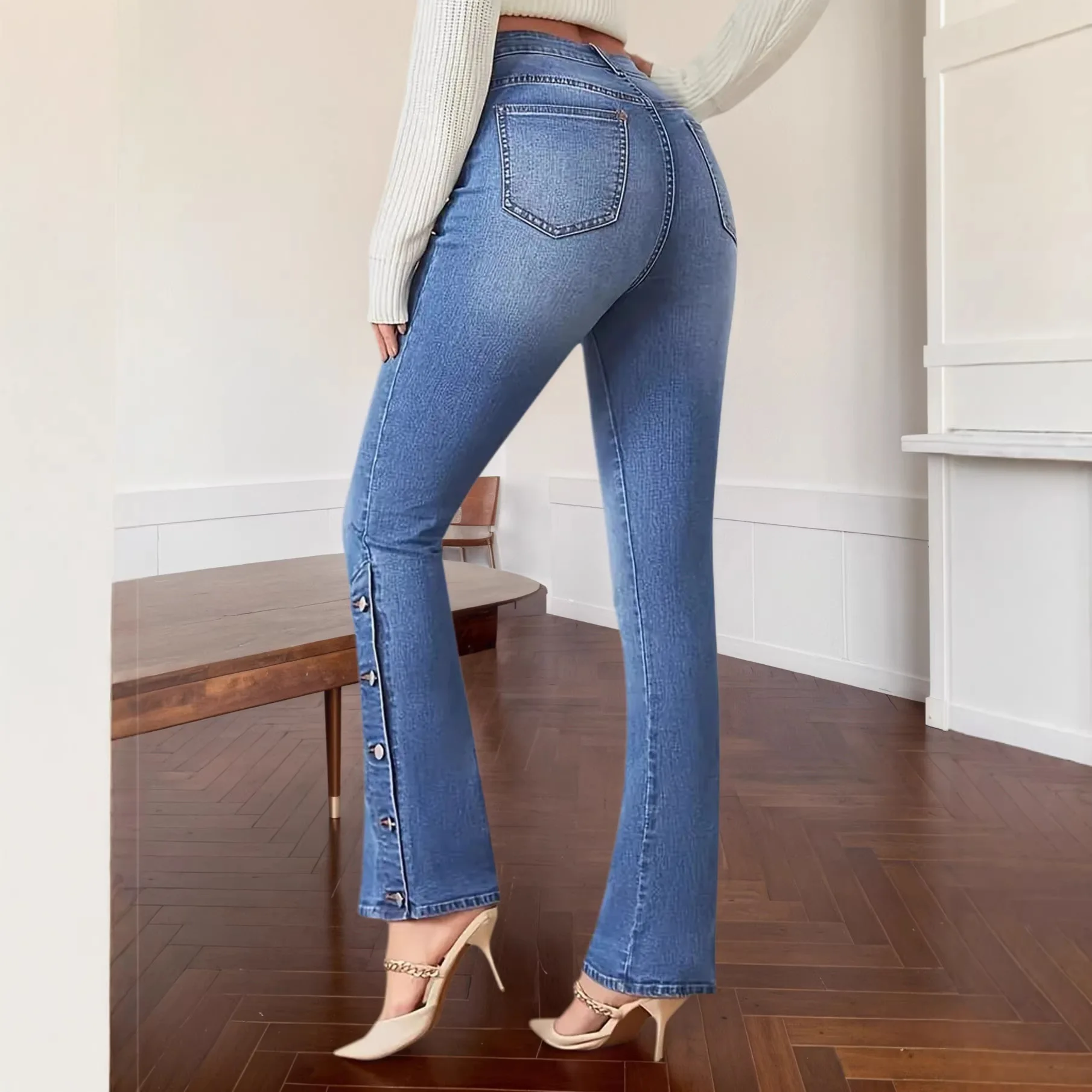 Elegant Women Jeans Retro Slim Fit Jeans Girls Chic Split Hem Design Denim Trousers Female Button High Waist Flared Pants