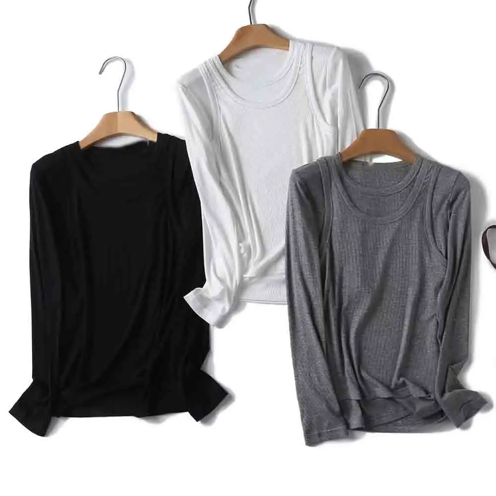 

Women 2024 Spring New Fashion Casual Rib Inner Double Layer Top Retro Long Sleeve Chic Round Neck All-match Top Mujer