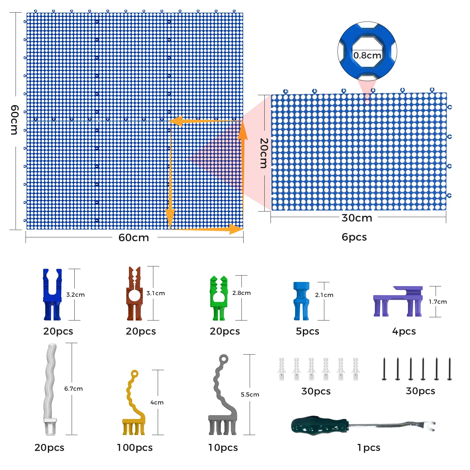 Plastic Pegboard wall storage kit, 6panels blue 40 x 91cm, 200accessories, hooks, clips, and boxes, modular tool storage board